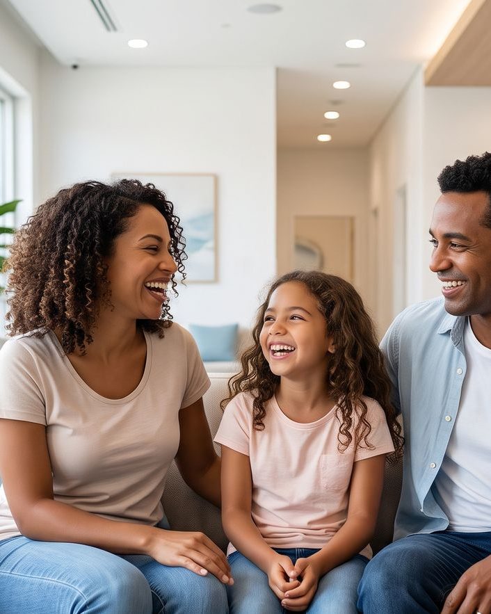 Família sorrindo na clínica