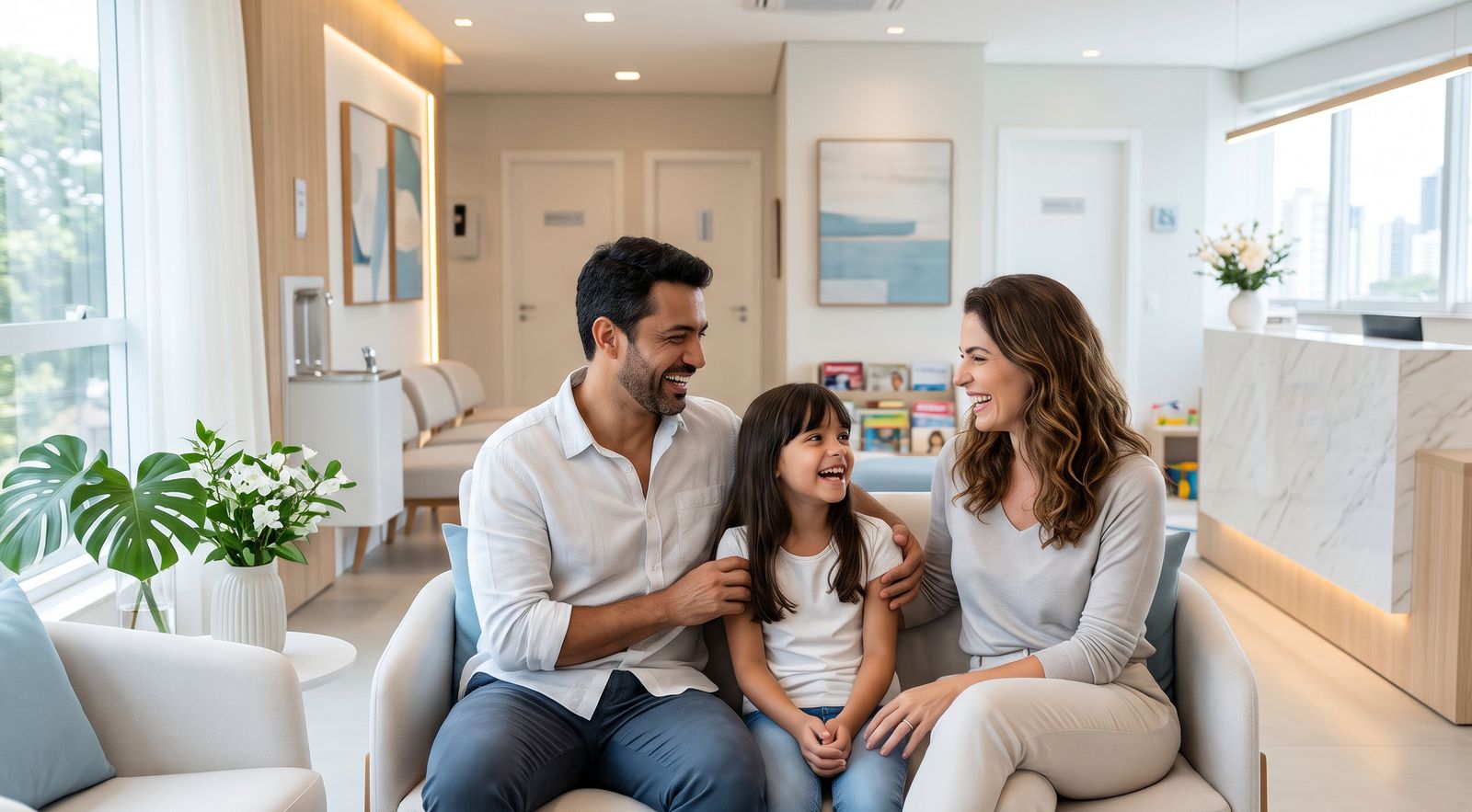 Família sorrindo na recepção da clínica